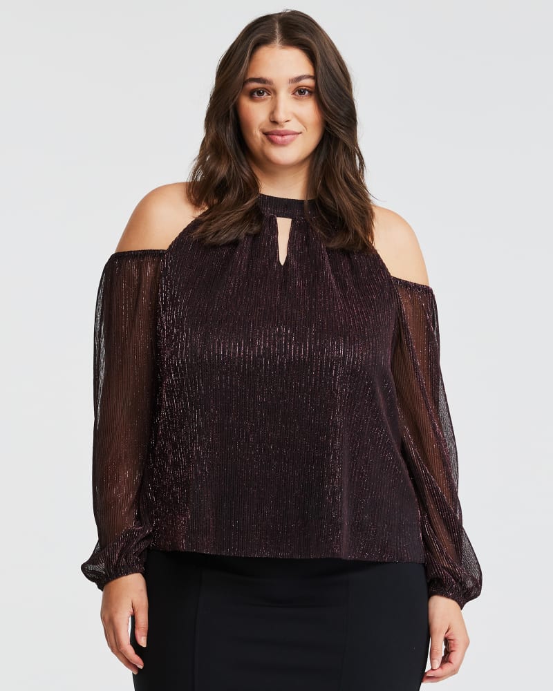 Front of a model wearing a size 20W Lurex Cold Shoulder Top in Pink/Black by Estelle. | dia_product_style_image_id:315730